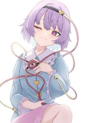  1girl absurdres blue_shirt breasts commentary_request cowboy_shot disembodied_linked_eye highres katsukare komeiji_satori one_eye_closed pink_skirt purple_hair shirt short_hair simple_background skirt small_breasts solo touhou violet_eyes white_background 