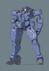  absurdres blue_background color_variation commentary_request derivative_work gundam gundam_wing highres ke_yukikaze leo_(mobile_suit) mecha mecha_focus mobile_suit no_humans original redesign robot roundel science_fiction shadow yellow_visor 