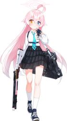  1girl 9ml ahoge ammunition arm_at_side beretta_1301 black_gloves black_skirt blue_archive blue_eyes blue_necktie blue_shoes blush chest_harness closed_mouth collared_shirt cross-laced_shoes fingerless_gloves full_body game_asset gloves hair_between_eyes hair_flaps halo hand_to_own_mouth hand_up harness heel_up heterochromia highres holding holding_weapon hoshino_(blue_archive) id_card large_variant_set long_hair long_sleeves looking_at_viewer miniskirt necktie nervous official_art orange_eyes pink_hair pink_halo plaid_clothes plaid_skirt pleated_skirt school_uniform shirt shirt_tucked_in shoes shotgun_shell sidelocks simple_background skirt sneakers socks solo standing sweat tachi-e third-party_source transparent_background variant_set very_long_hair weapon weapon_case white_shirt white_socks wide-eyed 