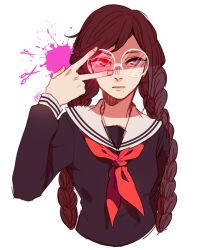  1girl black_shirt blood blood_splatter braid brown_hair closed_mouth collared_shirt commentary cropped_torso danganronpa:_trigger_happy_havoc danganronpa_(series) english_commentary eyelashes fingernails fukawa_toko glasses glowing glowing_eyes heterochromia highres lips long_hair long_sleeves mieille mole mole_under_mouth neckerchief pink_blood red_eyes red_neckerchief round_eyewear sailor_collar scissors shirt simple_background solo twin_braids twintails v v_over_eye violet_eyes white-framed_eyewear white_background white_sailor_collar 