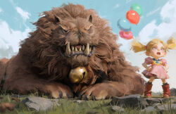  1girl balloon bell blonde_hair blue_eyes blue_sky boots chinese_commentary clouds commentary_request confident derivative_work dress fangs grass hair_tie hands_on_own_hips highres jingle_bell lion lying neck_bell on_stomach open_mouth original outdoors pink_dress red_boots rock sky solo standing twintails xianglong_wang 