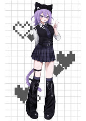  1girl absurdres alternate_costume animal_ears arm_behind_back beanie belt black_belt black_hat black_leg_warmers black_shirt black_shoes black_skirt cat_ears cat_tail collared_shirt copyright_request crossed_bangs double-parted_bangs full_body garter_straps grey_necktie grey_skirt grid_background hat hat_with_ears heart high-waist_skirt highres hololive leg_warmers looking_at_viewer medium_hair nail_polish necktie nekomata_okayu open_mouth plaid_clothes plaid_necktie plaid_skirt pleated_skirt purple_hair purple_nails shirakabamoga shirt shirt_tucked_in shoes single_garter_strap skirt sleeves_rolled_up smile socks solo sweater_vest tail thigh_strap two-tone_shirt two_side_up v violet_eyes virtual_youtuber white_background white_shirt 