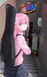  1girl absurdres blue_eyes blurry blurry_background bocchi_the_rock! commentary_request cowboy_shot cube_hair_ornament day from_behind gotoh_hitori grey_skirt guitar_case hair_between_eyes hair_ornament highres instrument_case jacket jjaga236 long_hair looking_at_viewer looking_back miniskirt outdoors parted_lips pink_hair pink_jacket plaid_clothes plaid_skirt pleated_skirt shaded_face sidelocks skirt smile solo stairs track_jacket 