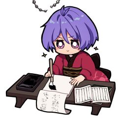  1girl :> back_bow blush_stickers book bow calligraphy calligraphy_brush commentary_request facing_viewer hangaku_th holding holding_calligraphy_brush holding_paintbrush ink japanese_clothes kimono obi paintbrush paper purple_hair red_kimono sash short_hair simple_background sitting solo sparkle sukuna_shinmyoumaru table touhou violet_eyes white_background wooden_table writing 
