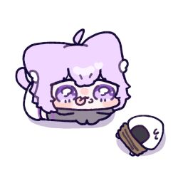  1girl :3 :p ahoge animal_ear_fluff animal_ears blush_stickers bound bright_pupils cat_ears cat_girl cat_tail chibi chibi_only closed_mouth commentary_request double-parted_bangs full_body hair_between_eyes hololive nekomata_okayu onigirya_(nekomata_okayu) purple_hair short_hair simple_background solo tail tied_up_(nonsexual) tongue tongue_out violet_eyes virtual_youtuber white_background white_pupils yananang 