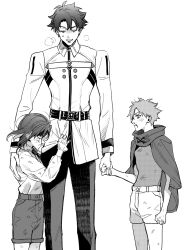  3boys aged_down blood child cloak closed_eyes commentary dirty dirty_clothes dirty_face fate/grand_order fate_(series) feet_out_of_frame fujimaru_ritsuka_(male) greyscale highres holding_hands jacket john_lackland_(fate) male_focus medium_hair monochrome multiple_boys nosebleed pants robin_hood_(fate) shikibreeki shirt shorts simple_background sweatdrop untranslatable_commentary white_background 