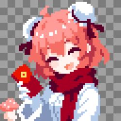  1girl bandaged_arm bandages blush bun_cover cuffs double_bun hair_bun highres hongbao ibaraki_kasen looking_at_viewer open_mouth pink_hair pixel_art shirt short_hair smile solo takeez3 touhou 