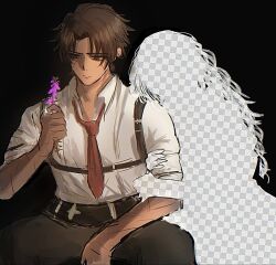  1boy 1girl adobo35893 arm_hug belt black_background black_belt black_pants brown_eyes brown_hair catherine_(project_moon) chest_harness closed_mouth collared_shirt commentary curtained_hair english_commentary fake_transparency flower hand_up harness head_on_another's_shoulder heathcliff_(project_moon) holding holding_flower jewelry limbus_company long_hair looking_at_flowers looking_at_object looking_down necktie pants parted_bangs project_moon purple_flower red_necktie ring scar scar_on_arm scar_on_cheek scar_on_face scar_on_neck shirt shirt_tucked_in short_hair short_sleeves silhouette simple_background sitting spread_legs white_shirt 