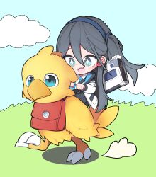  +_+ 1girl absurdres animal aris_(blue_archive) baby_animal bag bird blue_archive blue_eyes blue_hair blue_hairband blue_sky chick clouds commentary_request day double-parted_bangs full_body hair_between_eyes hairband hh highres jacket long_hair one_side_up open_clothes open_jacket open_mouth outdoors oversized_animal red_bag riding sky smile solo very_long_hair white_jacket 
