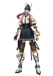  1girl black_hair black_skirt boots brown_cardigan cardigan concept_art high_ponytail highres kunimitsu_ii long_hair mask mouth_mask multicolored_hair official_art pleated_skirt ponytail purple_hair red_hair shirt simple_background skirt solo streaked_hair tekken tekken_8 thigh-highs white_boots white_shirt 
