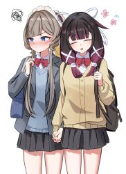  2girls absurdres blush columbina_(genshin_impact) commentary_request couple genshin_impact hair_ornament head_wings highres holding_hands multicolored_hair multiple_girls multiple_wings purple_streaks sandrone_(genshin_impact) school_uniform somii streaked_hair tsundere white_headdress white_wings wing_hair_ornament wings yuri 