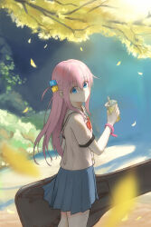  1girl absurdres autumn autumn_leaves blue_eyes blue_skirt bocchi_the_rock! bow bowtie branch closed_mouth commentary cowboy_shot cube_hair_ornament cup day disposable_cup english_commentary expressionless eyes_visible_through_hair gotoh_hitori guitar_case hair_between_eyes hair_ornament hand_up highres holding holding_cup instrument_case leaf long_hair maple_leaf miniskirt one_side_up outdoors pink_hair pleated_skirt red_bow red_bowtie school_uniform serafuku sidelighting skirt solo sunlight ti_hai_diao_yu 