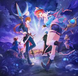  2boys 4girls atelier_(series) atelier_resleriana atelier_resleriana:_the_red_alchemist_&amp;_the_white_guardian black_coat blue_coat blue_hair blue_hat blue_jacket blue_shorts blue_sleeves boots brown_hair cat_girl coat collared_coat ears_through_headwear hand_on_headwear hat headdress headscarf highres holding holding_polearm holding_staff holding_weapon jacket leather leather_boots long_coat moon multicolored_ribbon multiple_boys multiple_girls night official_art polearm red_hair rias_eidreise ribbon rozeluxe_meitzen shooting_star shorts sky slade_clauslyter sophie_neuenmuller spear staff star_(sky) star_(symbol) starry_sky totooria_helmold weapon white_headscarf wilbell_voll-ersleid witch witch_hat 