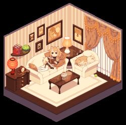  1girl animal_ears animated animated_gif artist_name ball book brown_eyes brown_hair brown_skirt chair chest_of_drawers clock commentary couch cup curtains dav-19 diorama dog dog_ears dog_girl dog_tail english_commentary holding holding_book indoors isometric lamp looping_animation momoko_(dav-19) no_shoes on_couch original picture_frame pillow pixel_art pomeranian_(dog) pompon_(dav-19) reading rug shelf short_hair skirt sleeping solo table tail teacup tennis_ball thigh-highs transparent_background turtle white_thighhighs wooden_floor zzz 