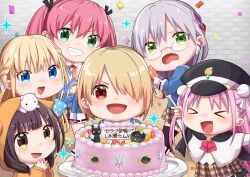  6+girls absurdres aikawa_megumi asakura_karen_(heaven_burns_red) aya_(0707) black_hair blonde_hair blue_eyes braid cake chibi commentary_request confetti food fork glasses green_eyes heaven_burns_red highres holding holding_fork izumi_yuki kayamori_ruka kunimi_tama multiple_girls narby_(heaven_burns_red) open_mouth party_popper pink_hair red_eyes sweatdrop toujou_tsukasa 