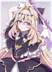  1girl antenna_hair black_bow black_capelet black_dress blonde_hair bow brooch capelet commentary_request cure_arcana_shadow diamond_hairband do_while02 dress frilled_capelet frilled_cuffs frills gradient_hair hair_intakes heart heart_brooch highres holding holding_rod jewelry layered_dress long_hair looking_at_viewer magical_girl meitantei_precure! moria_luluka multicolored_hair precure purple_nails purple_veil purple_wrist_cuffs rod solo tear_arcana_rod veil very_long_hair violet_eyes wrist_cuffs 