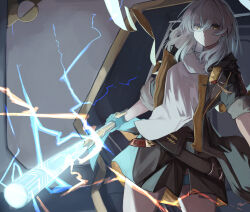  1girl absurdres baseball_bat belt black_belt black_gloves black_jacket black_skirt breasts closed_mouth collarbone commentary_request cowboy_shot door electricity floating_clothes gloves grey_hair hair_between_eyes highres holding holding_baseball_bat honkai:_star_rail honkai_(series) indoors jacket lapels long_hair long_sleeves looking_at_viewer medium_breasts miniskirt open_clothes open_jacket roy_(roy_pomu) shirt sidelocks skirt solo standing stelle_(honkai:_star_rail) t-shirt tassel thigh_strap trailblazer_(honkai:_star_rail) two-sided_fabric two-sided_jacket two-sided_skirt white_shirt yellow_eyes yellow_jacket yellow_pupils yellow_skirt 