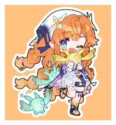  1girl ;d body_markings braid braided_sidelocks bridal_gauntlets chibi chibi_only commentary_request dl_(dl_6ix) green_eyes holding jacket looking_at_viewer one_eye_closed open_mouth orange_background orange_hair pointy_ears purple_shorts shorts sidelocks sigrika_(wuthering_waves) simple_background smile soliskin_(wuthering_waves) solo standing standing_on_one_leg veil white_bridal_gauntlets white_jacket white_veil wuthering_waves 