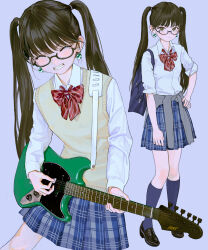  1girl artist_name bag black-framed_eyewear black_shoes blue_skirt blue_socks bow bowtie brown_eyes brown_hair cardigan cardigan_around_waist closed_eyes closed_mouth clothes_around_waist collared_shirt commentary cowboy_shot diagonal-striped_bow diagonal-striped_bowtie diagonal-striped_clothes dress_shirt earrings electric_guitar eyeball_bracelet_girl_(fkey) fender_mustang fkey full_body glasses grey_cardigan grin guitar hand_on_own_hip highres holding holding_guitar holding_instrument holding_plectrum instrument jewelry kneehighs light_blush loafers long_hair long_sleeves looking_at_viewer mole mole_under_eye multiple_views original plaid_clothes plaid_skirt playing_instrument pleated_skirt plectrum purple_background red_bow red_bowtie school_bag school_uniform semi-rimless_eyewear shirt shoes simple_background skirt sleeves_rolled_up smile socks standing striped_bow striped_bowtie striped_clothes sweater_vest twintails under-rim_eyewear untranslatable_commentary white_shirt yellow_sweater_vest yin_yang yin_yang_earrings 