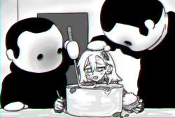  1girl 2others asymmetrical_bangs blank_room_soup bowl choker chromatic_aberration cooking_pot doorway eating feeding food food_on_face force-feeding furrowed_brow greyscale hand_on_another's_head holding holding_bowl holding_ladle holding_spoon indoors insect_hair_ornament ladle long_hair long_sleeves looking_at_another mascot_costume matangom matangomu-chan monochrome multiple_others open_mouth original parody pillbug rice_bowl soup_ladle spoon standing sweat sweater table 