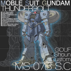  black_background cable character_name commentary derivative_work english_commentary english_text glowing glowing_eye gouf gouf_flight_type grid_background gundam gundam_thunderbolt highres katoki_hajime_(style) ke_yukikaze mecha mecha_focus mobile_suit no_humans one-eyed original propeller radio_antenna red_eyes redesign robot science_fiction stats title zeon 