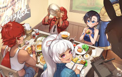 1boy 4girls :t arm_tattoo asymmetrical_bangs bare_arms bare_shoulders black_hair blue_eyes blue_shirt blue_shorts blue_sweater blush bowl bread breasts chair cherry_tomato chopsticks cigarette_pack clipboard closed_eyes cloud_tattoo commentary commission cropped_sweater cup dress_shirt drinking_from_bowl drinking_glass earrings eating elanin_sikudar english_commentary eyewear_hang faceless faceless_male food forte_(crystalplanet00) fried_egg gold_earrings happy highres holding holding_bowl holding_clipboard holding_menu holding_pen indoors jewelry kanami_yano_(uzumesguard) lighter long_hair looking_at_another medium_breasts menu midriff multiple_girls myria_loussier_(salverion) napkin noodles open_clothes open_shirt original pen picture_frame pink_eyes plaid_clothes plaid_shirt plate ponytail poster_(object) ramen red_hair red_shirt restaurant ribbed_sweater salad sandwich shirt shirt_under_shirt short_hair short_shorts shorts siriuflong sitting sleeveless sleeveless_sweater sleeveless_turtleneck smile sports_bra_peek spring_roll striped_clothes striped_shirt sunglasses sweater table tank_top tattoo tomato tomboy turtleneck turtleneck_sweater unworn_eyewear vertical-striped_clothes vertical-striped_shirt waiter white_hair white_shirt white_tank_top 