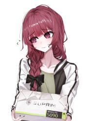  1girl absurdres averting_eyes black_nails bocchi_the_rock! bow box closed_mouth collarbone commentary_request english_text fingernails geforce_rtx_5090 green_shirt hair_bow highres hiroi_kikuri holding holding_box incoming_gift jacket kimbird korean_commentary light_blush long_hair looking_to_the_side micro_star_international nail_polish open_clothes open_jacket purple_hair shirt side_ponytail simple_background solo upper_body violet_eyes white_background white_jacket 
