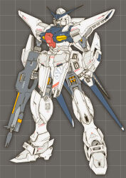  absurdres beam_rifle blue_eyes commentary_request derivative_work earth_federation energy_gun english_commentary exposed_internal_machinery g-saviour_gundam grey_background grid_background gundam gundam_g-saviour highres ke_yukikaze mecha mecha_focus mobile_suit original redesign robot science_fiction unfinished v-fin weapon 