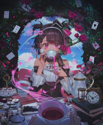  1girl 1other absurdres alarm_clock alice's_adventures_in_wonderland ambiguous_gender analog_clock bare_shoulders belt black_ribbon blue_sky book book_stack bow bowtie braid braided_bangs brown_bow brown_bowtie brown_hair bubble card checkered_tablecloth chest_belt clock clouds cloudy_sky commission covered_mouth cross-shaped_pupils cup cupcake dessert diamond_print drinking earrings floating floating_object flower food frilled_sleeves frills gold_trim hair_ribbon hairband hand_up heart hedge highres holding holding_cup holding_plate hourglass jewelry long_sleeves looking_at_viewer loose_hair_strand macaron medium_hair original outdoors paldu petals pie pie_slice pink_belt pink_eyes pink_flower pink_liquid pink_ribbon pink_rose pinstripe_pattern plant plate playing_card pom_pom_(clothes) pom_pom_earrings pov pov_hands rabbit rainbow raised_eyebrows ribbon rose rose_bush rose_petals signature sky solo_focus swept_bangs symbol-shaped_pupils table tea_set teacup teapot thorns tiered_tray tray twitter_username two_side_up vines white_hairband white_trim 