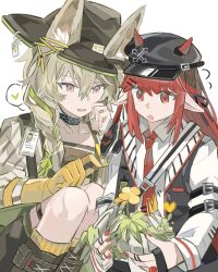  2girls :o arknights beanstalk_(arknights) black_hat black_vest boots braid brown_hat chinese_commentary collared_shirt commentary_request creature demon_girl demon_horns domesticated_metal_crab_(arknights) dot_nose double-parted_bangs ears_down flower gloves green_boots green_hair green_ribbon hair_between_eyes hat highres holding holding_creature horns horns_through_headwear hyena_ears hyena_girl lanyard long_hair looking_at_creature multiple_girls necktie newsboy_cap pointy_ears red_eyes red_hair red_necktie red_ribbon ribbon shirt simple_background single_braid squatting uiey vest vigna_(arknights) white_background yellow_gloves 