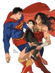  1girl 2boys absurdres aged_down amazon_warrior batman_(series) bracer bruce_wayne chamsut0905 child commentary_request dc_comics gold_bracer gold_tiara highres korean_commentary multiple_boys superhero_costume superman superman_(series) tiara wonder_woman wonder_woman_(series) 