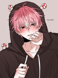 1boy absurdres adam's_apple bags_under_eyes black_eyes black_hoodie blush collarbone commentary_request crying crying_with_eyes_open curled_fingers drawstring eyes_visible_through_hair fingernails frifri1213 fukuhara_tamon grey_background hair_between_eyes half-closed_eyes hand_blush hand_to_own_mouth hand_up highres hood hood_up hoodie korean_commentary korean_text loose_hair_strand male_focus messy_hair mole mole_on_cheek mushroom_on_head narrowed_eyes no_pupils nose_blush parted_lips piercing_hole pink_hair portrait raised_inner_eyebrows short_hair simple_background solo straight-on tamon-kun_ima_docchi tears translation_request 