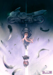  1boy 1girl absurdres akira_(manga) akira_movie_poster biker_clothes bikesuit black-framed_eyewear black_bodysuit black_feathers black_hair blue_eyes blue_jacket bodysuit boots brown_hair child closed_mouth commentary_request edogawa_conan falling_feathers feathers from_above from_behind glasses hagiwara_chihaya helmet highres holding holding_unworn_helmet jacket long_hair long_sleeves meitantei_conan motor_vehicle motorcycle motorcycle_helmet ootomo_katsuhiro_(style) open_clothes open_jacket pants parody police police_uniform policewoman poster_parody shirt short_hair shorts solo title_parody unworn_headwear unworn_helmet very_short_hair walking you_shimizu 