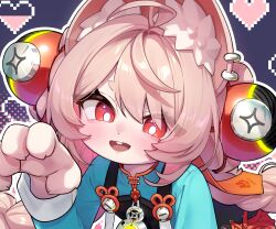  1girl absurdres animal_ear_fluff animal_ear_piercing animal_ears braid braided_twintails commentary furry furry_female green_shirt hair_ornament hand_up heart highres long_hair looking_at_viewer open_mouth pink_fur pink_hair portrait rabbit_ears rabbit_girl red_eyes rubykong screw shirt short_eyebrows single_claw_pose solo sphere_hair_ornament thick_eyebrows zenless_zone_zero zhao_(zenless_zone_zero) 