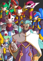  2girls 6+boys aeolus_(mega_man) armor atlas_(mega_man) biometal black_sclera blue_armor blue_hair blue_helmet colored_sclera commentary derivative_work english_commentary essai green_armor green_hair green_helmet group_picture helmet highres long_hair master_albert_(mega_man) mega_man_(series) mega_man_zero_(series) mega_man_zero_3 mega_man_zx mega_man_zx_advent model_f_(mega_man) model_h_(mega_man) model_l_(mega_man) model_p_(mega_man) model_w_(mega_man) multiple_boys multiple_girls omega_(mega_man) orange_armor orange_helmet pandora_(mega_man) prometheus_(mega_man) purple_armor purple_helmet purple_robe red_armor red_eyes red_helmet robe siarnaq_(mega_man) thetis_(mega_man) trait_connection white_armor white_helmet 