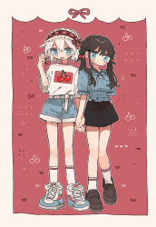  2girls :3 :d black_hair black_skirt black_socks blue_eyes blue_shirt blue_shoes blue_shorts blush_stickers border cherry cherry_print closed_mouth commentary_request dot_nose double-parted_bangs food food_print frilled_hairband frills fruit fruit_print full_body hair_between_eyes hairband highres holding holding_food holding_fruit holding_hands long_hair looking_at_viewer miniskirt multiple_girls open_mouth original outline print_shirt red_background red_hairband shirt shoes short_hair short_sleeves shorts skirt smile sneakers socks standing twintails uenae_chiyiro white_border white_hair white_outline white_shirt white_socks 