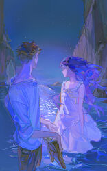  1boy 1girl absurdres artist_collaboration brown_hair brown_pants brown_shoes cliff closed_mouth commentary dress english_commentary facing_away floating_hair highres holding holding_shoes holding_unworn_clothes horizon long_hair looking_to_the_side night ocean original outdoors pants profile purple_hair scenery shirt shoes short_hair sleeveless sleeveless_dress star_(sky) tamomoko taro-k three-quarter_sleeves turning_head unworn_shoes very_short_hair wading white_dress white_shirt 
