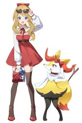  1girl 1other alternate_costume animal_ear_fluff animal_ears animal_nose bag belt black_belt black_fur black_thighhighs blonde_hair blue_eyes blush bow braixen breasts coletta_(colet_colettia) dress eyewear_on_head fox_ears fox_tail furry handbag highres long_hair long_sleeves looking_at_another looking_at_viewer medium_breasts open_mouth pokemon pokemon_(creature) pokemon_x_and_y ponytail red_bow red_dress red_eyes red_shoes serena_(pokemon) shoes smile sunglasses tail thigh-highs white_fur white_sleeves yellow_fur zettai_ryouiki 