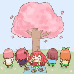  5girls :t akino_ell black_shoes blue_sky blue_sweater brown_hair chibi closed_eyes closed_mouth commentary_request dango day eating food food_on_face go-toubun_no_hanayome green_skirt grey_pantyhose hair_ornament hanami holding holding_food jacket long_hair mochi multiple_girls nakano_ichika nakano_itsuki nakano_miku nakano_nino nakano_yotsuba onigiri orange_hair outdoors pantyhose petals pink_hair pleated_skirt purple_hair purple_jacket red_hair sakura_mochi sanshoku_dango shirt shoes short_sleeves skirt sky socks standing star_(symbol) star_hair_ornament sweater sweater_vest tree two_side_up very_long_hair wagashi wavy_mouth white_shirt white_socks 