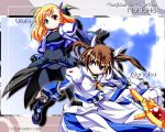  bodysuit brown_hair fingerless_gloves gloves heterochromia long_hair mahou_shoujo_lyrical_nanoha mahou_shoujo_lyrical_nanoha_the_movie_1st mahou_shoujo_lyrical_nanoha_vivid purple_eyes raising_heart takamachi_nanoha twintails u-ka vivio 