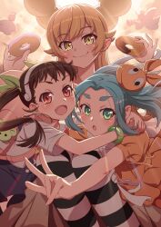  3girls :d :o absurdres angel aqua_hair arms_around_neck artist_name backlighting backpack badge bag black_hair blonde_hair bloom bow bowtie bracelet button_badge center_frills choco_fashion chocolate-covered_food chocolate_donut clouds cloudy_sky collarbone commentary doughnut dress dual_wielding english_commentary fang feet_out_of_frame flat_chest floating_hair food frills googly_eyes green_eyes hachikuji_mayoi hair_between_eyes hair_flaps hair_ribbon hairband hands_up hat hat_loss heaven highres holding holding_instrument hug instrument jewelry legs_together light_blush light_rays long_hair looking_at_viewer medium_hair monogatari_(series) multiple_girls old-fashioned_donut ononoki_yotsugi open_mouth orange_dress orange_hat oshino_shinobu outstretched_arm oversized_food oversized_object parted_bangs pocket pointy_ears pon_de_ring puffy_short_sleeves puffy_sleeves red_bow red_bowtie red_eyes ribbon ringed_eyes shirt short_bangs short_sleeves sidelocks skin_fang skirt sky smile striped_clothes striped_thighhighs stuffed_animal stuffed_toy suspender_skirt suspenders tea_ramisu teddy_bear thick_eyebrows thigh-highs twintails w white_hairband white_shirt yellow_eyes 