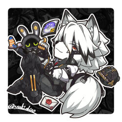  1boy animal_ears bangboo_(zenless_zone_zero) bicep_strap black_background black_gloves body_fur border closed_mouth fingerless_gloves food furry furry_male gloves looking_at_viewer male_focus multicolored_hair prosthesis prosthetic_leg red_eyes shirt short_hair tail tail_belt von_lycaon white_border white_fur white_hair wolf_boy wolf_ears wolf_tail yuki_shiro zenless_zone_zero 