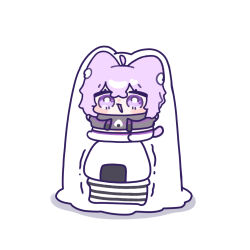  1girl :3 :d ahoge animal_ear_fluff animal_ears blush_stickers bright_pupils cat_ears cat_girl cat_tail chibi chibi_only commentary_request crossed_bangs double-parted_bangs full_body hair_between_eyes highres hololive nekomata_okayu on_head onigirya_(nekomata_okayu) open_mouth purple_hair short_hair simple_background sitting smile tail trembling violet_eyes virtual_youtuber white_background white_pupils yananang 