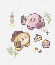  blush cake commentary_request cup cupcake disposable_coffee_cup disposable_cup food hat highres holding kirby kirby_(series) leaf mugipoyow no_humans simple_background sparkle star_(symbol) tongue tongue_out waddle_dee 