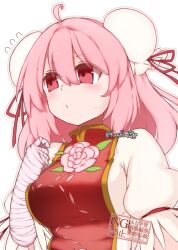  1girl ahoge bandaged_arm bandages breasts bun_cover commentary_request double_bun flower flying_sweatdrops hair_between_eyes hair_bun highres ibaraki_kasen kanikoukaku large_breasts pink_eyes pink_flower pink_hair pink_rose red_tabard rose shirt solo sweatdrop tabard touhou twitter_username upper_body watermark white_shirt 