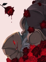  1boy armor blood colored_skin commentary_request flower green_skin grey_hair helmet highres long_hair lying male_focus mizshiro_sss on_back red_eyes rose shoulder_armor sideways simple_background slay_the_spire slay_the_spire_2 solo the_ironclad_(slay_the_spire) twitter_username 