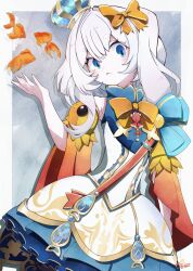  1girl absurdres blue_crown blue_eyes bow bowtie closed_mouth commentary crown default_illust dress fins fish goldfish grey_hair hair_bow highres looking_at_viewer marimari_(marimari_2.0)_(vtuber) marimari_(vtuber) mini_crown orange_bow orange_bowtie phase_connect short_eyebrows side_ponytail virtual_youtuber white_dress 