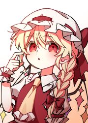  1girl alternate_hairstyle ascot blonde_hair bow braid braided_ponytail collared_shirt commentary_request crystal crystal_wings flandre_scarlet frilled_shirt_collar frilled_wrist_cuffs frills hair_between_eyes hair_bow hat highres illust_atelier3 long_hair looking_at_viewer mob_cap multicolored_wings one-hour_drawing_challenge puffy_short_sleeves puffy_sleeves red_bow red_eyes red_vest red_wrist_cuffs shirt short_sleeves solo touhou upper_body vest white_hat white_shirt wings wrist_cuffs yellow_ascot 