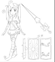  1girl 2000s_(style) ? bandaged_head bandages bandaid bandaid_on_face boots demgoze hair_bobbles hair_ornament lance miniskirt original pinterest pinterest-chan_(demgoze) polearm pushpin pushpin_through_head shield skirt solo speech_bubble spoken_question_mark standing thigh-highs twintails walking weapon 