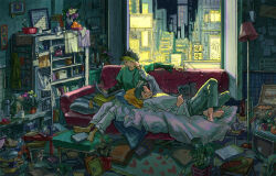  2boys absurdly_detailed_composition absurdres barefoot baseball_cap book bottle buckle cable city closed_mouth commentary couch crt english_commentary flower food fruit green_hair green_pants green_shirt grey_hat hat head_on_pillow highres holding holding_book indoors knees_up lamp layered_sleeves loaded_interior long_sleeves looking_at_another lying male_focus messy_room multiple_boys night on_back on_couch open_book orange_(fruit) original ottoman_(furniture) outstretched_arm pants picture_frame pile_of_books pillow pink_flower pizza pizza_box pizza_slice plant potted_plant shelf shirt short_hair short_over_long_sleeves short_sleeves sideways_glance sitting slice_of_life smile t-shirt thermos towel undershirt unworn_clothes very_short_hair white_pants white_shirt window yellow_flower yomunashi 